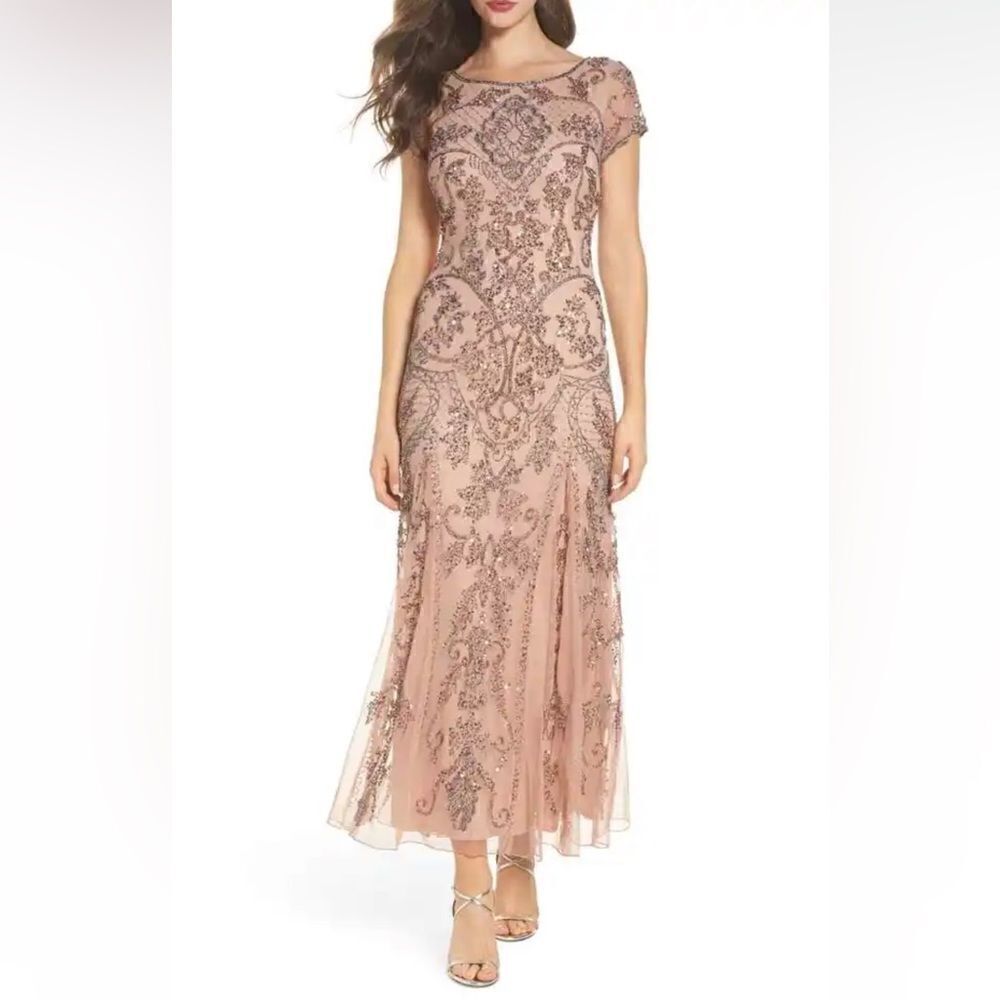 NEW Pisarro Nigths Embellished Mesh Gown Blush Midi Dress Women Size 2.